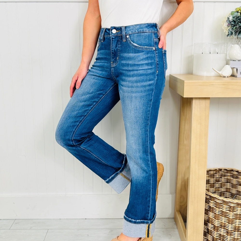 Women's Straight Leg High Rise Jeans with Adjustable Cuff - Size 9/29